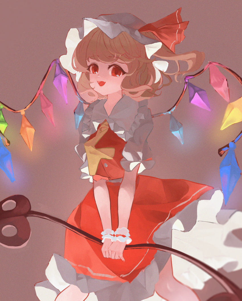 1girl blonde_hair buttons cindy717 collared_shirt cowboy_shot fang flandre_scarlet frilled_shirt_collar frilled_skirt frills glowing glowing_wings hat highres holding holding_polearm holding_weapon laevatein_(touhou) looking_at_viewer medium_hair mob_cap multicolored_wings open_mouth polearm red_eyes red_skirt red_vest shirt skin_fang skirt skirt_set solo touhou vest weapon white_headwear white_shirt wings