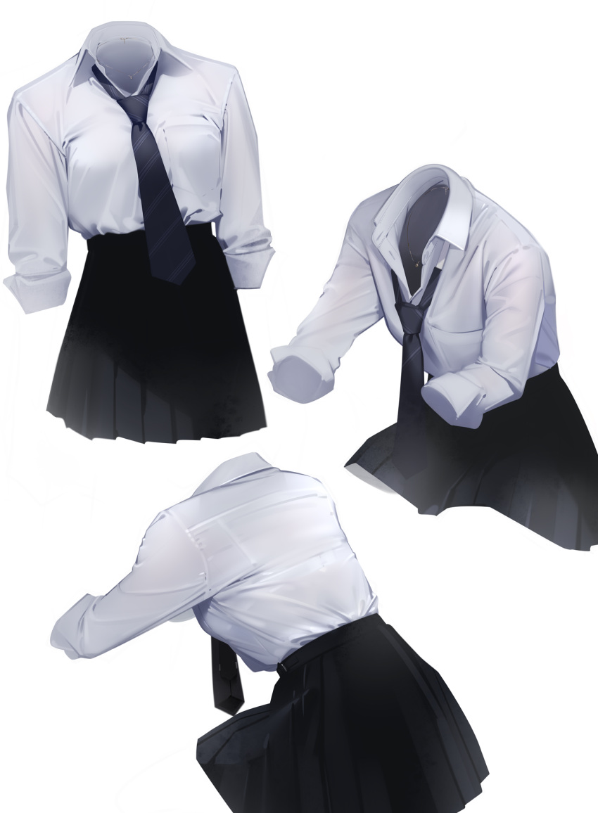 ama_mitsuki back breasts highres invisible jewelry necklace necktie original pleated_skirt school_uniform shirt_tucked_in simple_background skirt sleeves_rolled_up white_background