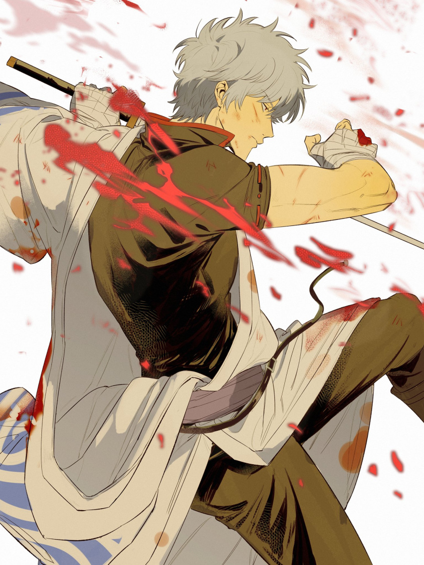 1boy blood blood_splatter caosishao cuts feet_out_of_frame fighting_stance from_side gintama hadanugi_dousa highres holding holding_sword holding_weapon injury japanese_clothes kimono looking_to_the_side male_focus open_clothes open_kimono sakata_gintoki short_hair short_sleeves solo sword toned toned_male weapon white_hair