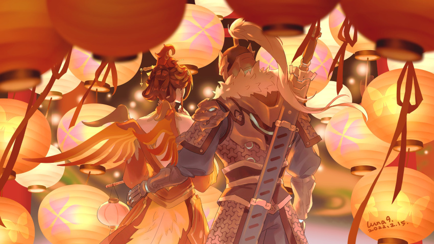 1boy 1girl absurdres armor artist_name baihu_genji bare_shoulders blurry blurry_background blurry_foreground boots commentary dated depth_of_field english_commentary from_behind fur_trim genji_(overwatch) hair_ornament hair_rings hairpin hand_on_another's_thigh highres holding holding_lantern katana lantern lantern_festival long_hair luna-9 mercy_(overwatch) miko_mercy official_alternate_costume orange_theme overwatch paper_lantern sky_lantern sword sword_on_back tassel upper_body weapon weapon_on_back wings