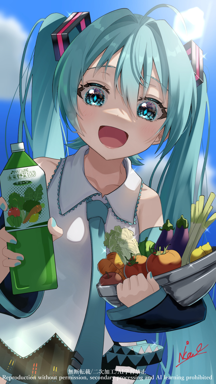 1girl :d absurdres ahoge bangs black_skirt black_sleeves blue_eyes blue_hair blue_nails blue_necktie blue_sky bottle bowl carrot clouds collarbone collared_shirt commentary_request day detached_sleeves eggplant english_text food fruit hair_between_eyes hair_intakes hatsune_miku highres holding holding_bottle holding_bowl lemon lettuce long_hair long_sleeves looking_at_viewer nail_polish necktie outdoors pleated_skirt poppippoo_(vocaloid) shirt signature skirt sky sleeveless sleeveless_shirt sleeves_past_wrists smile solo spring_onion tatyaoekaki tomato twintails very_long_hair vocaloid watermark white_shirt wide_sleeves