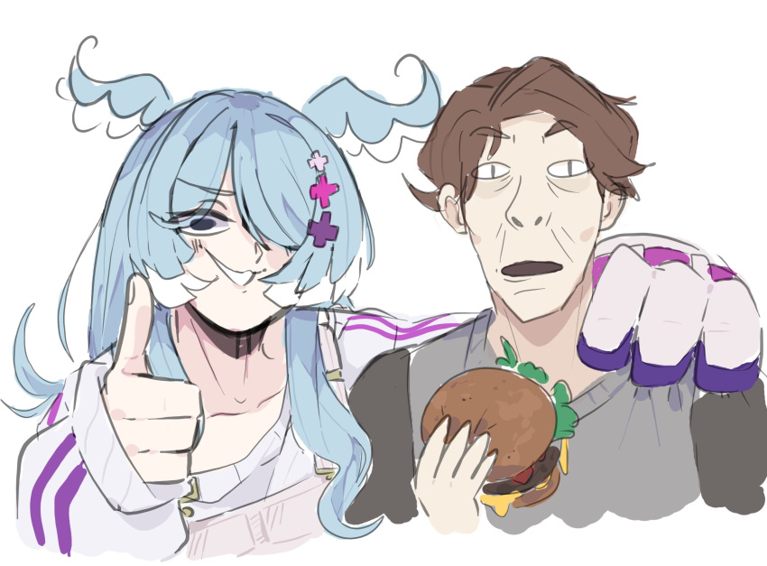 &lt;|&gt;_&lt;|&gt; 1boy 1girl :3 bangs black_eyes blue_hair blue_wings brown_hair burger collarbone commentary cropped_torso crossover dragon_girl elira_pendora english_commentary food hair_ornament hair_over_one_eye hand_on_another's_shoulder head_wings highres holding holding_food jerma985 jerma985_(person) long_hair long_sleeves looking_at_viewer multicolored_hair nijisanji nijisanji_en nostrils off_shoulder one_eye_covered open_mouth real_life simple_background sleeves_past_wrists suspenders sweater swept_bangs thick_eyebrows unfamousradish virtual_youtuber white_background white_hair white_sweater wings x_hair_ornament