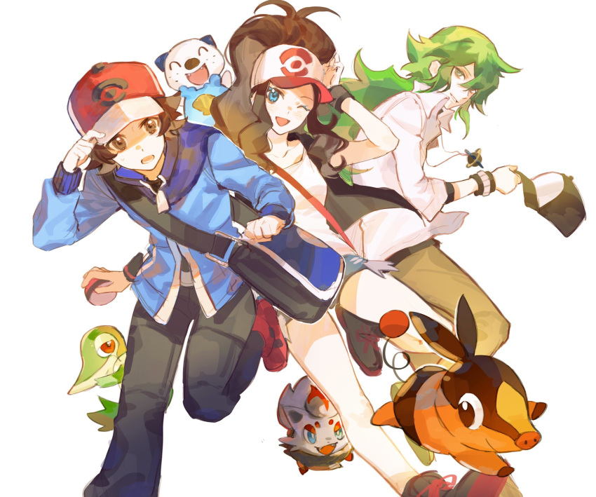 1girl 2boys bag bangs baseball_cap belt_buckle black_headwear black_vest blue_eyes blue_jacket brown_eyes brown_hair brown_pants buckle denim denim_shorts green_eyes green_hair grey_pants hand_on_headwear hat high_ponytail highres hilbert_(pokemon) hilda_(pokemon) holding holding_clothes holding_hat jacket long_hair long_sleeves messenger_bag multiple_boys n_(pokemon) open_mouth oshawott pants poke_ball_print pokemon pokemon_(creature) pokemon_(game) pokemon_bw red_footwear red_headwear shirt shoes short_hair shorts shoulder_bag sidelocks sleeveless sleeveless_shirt snivy tepig vest white_shirt wristband xiguamao41 zorua