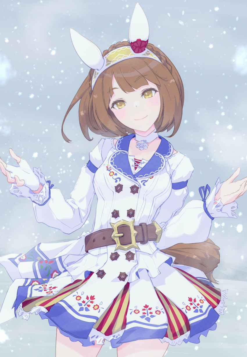 1girl absurdres animal_ears bangs belt belt_buckle blush braid breasts brown_hair buckle buttons choker closed_mouth cowboy_shot crown_braid double-breasted ear_covers fingerless_gloves gloves hairband hands_up highres horse_ears jacket layered_skirt long_sleeves looking_at_viewer short_hair single_glove skirt small_breasts smile snow solo stella_(stella) umamusume white_gloves white_jacket yellow_eyes yukino_bijin_(umamusume)