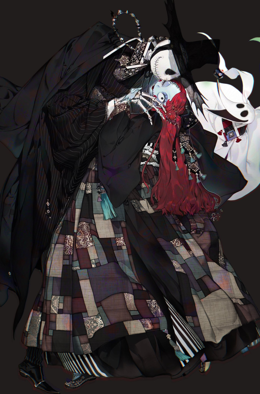 1boy 1girl 2022 bangs black_coat blue_skin bone closed_mouth coat colored_skin dress hat highres jack_skellington kiss kissing_cheek leaning_back leaning_forward leaning_on_person long_hair long_sleeves looking_at_another no_eyes one_eye_closed pigeon666 redhead sally_(nbc) skeleton smile stitched_face stitched_mouth stitches the_nightmare_before_christmas