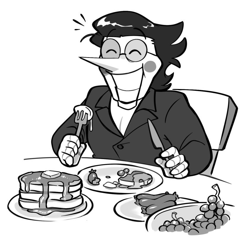 1boy big_nose black_hair breakfast closed_eyes colliholly deltarune eating food fork fruit glasses grapes highres knife male_focus maple_syrup monochrome pancake puppet robot sausage simple_background spamton_g._spamton tuxedo undertale