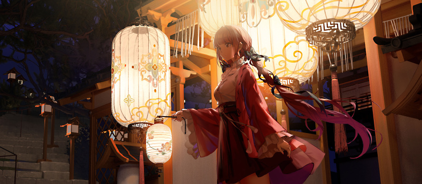 1girl absurdres architecture ata-zhubo chinese_clothes east_asian_architecture hair_ribbon hanfu happy_new_year highres holding holding_lantern lantern looking_ahead new_year night original outdoors pink_eyes pink_hair ribbon shrine skirt solo stairs standing