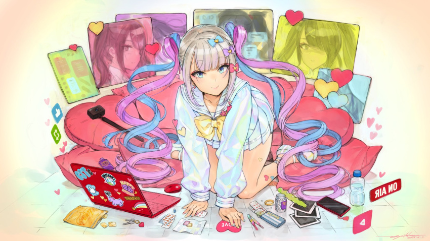 2girls ame-chan_(needy_girl_overdose) black_hair blue_eyes blue_hair bottle bow cellphone charm_(object) chips_(food) chouzetsusaikawa_tenshi-chan computer food grey_hair hair_bow hair_ornament hair_over_one_eye heart heart_pillow highres holographic_clothing iridescent key kneeling laptop large_bow looking_at_viewer mouse_(computer) multicolored_nails multiple_girls multiple_hair_bows multiple_views needy_girl_overdose oyari_ashito phone pill pillow pin pink_hair plastic_bottle platform_footwear pleated_skirt quad_tails sailor_collar school_uniform serafuku signature skirt smartphone smile sticker twintails x_hair_ornament