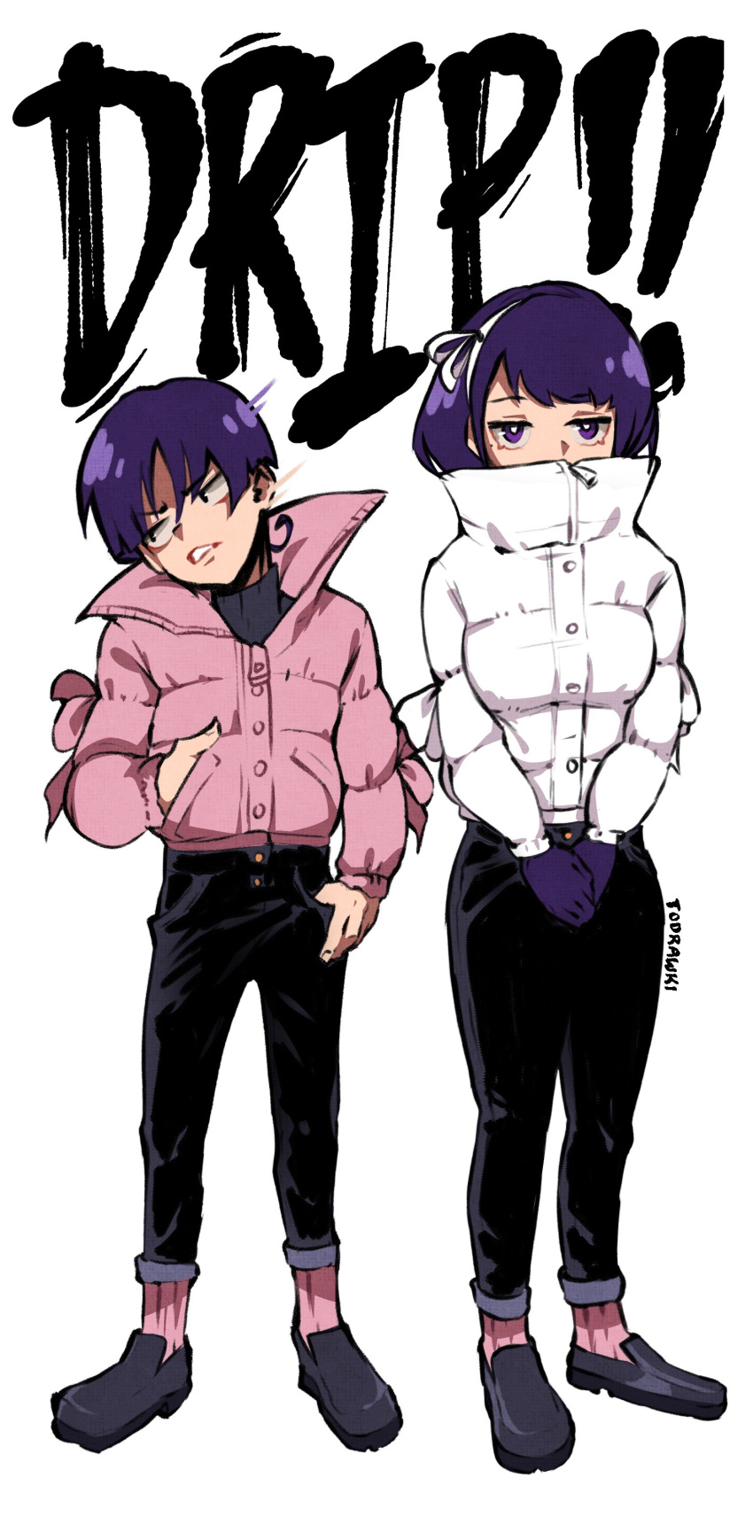 1boy 1girl absurdres alternate_costume artist_name bangs black_eyes black_pants braid breasts buttons closed_mouth covered_mouth english_commentary fingernails full_body genshin_impact gloves hair_between_eyes hairband hand_in_pocket highres jacket long_hair long_sleeves looking_to_the_side medium_breasts mole mole_under_eye mother_and_son pants pink_jacket pink_socks pocket puffy_long_sleeves puffy_sleeves purple_footwear purple_gloves purple_hair purple_sweater raiden_shogun ribbon scaramouche_(genshin_impact) shoes simple_background socks standing sweater teeth v-shaped_eyebrows violet_eyes white_background white_hairband white_jacket white_ribbon wokiiarts zipper
