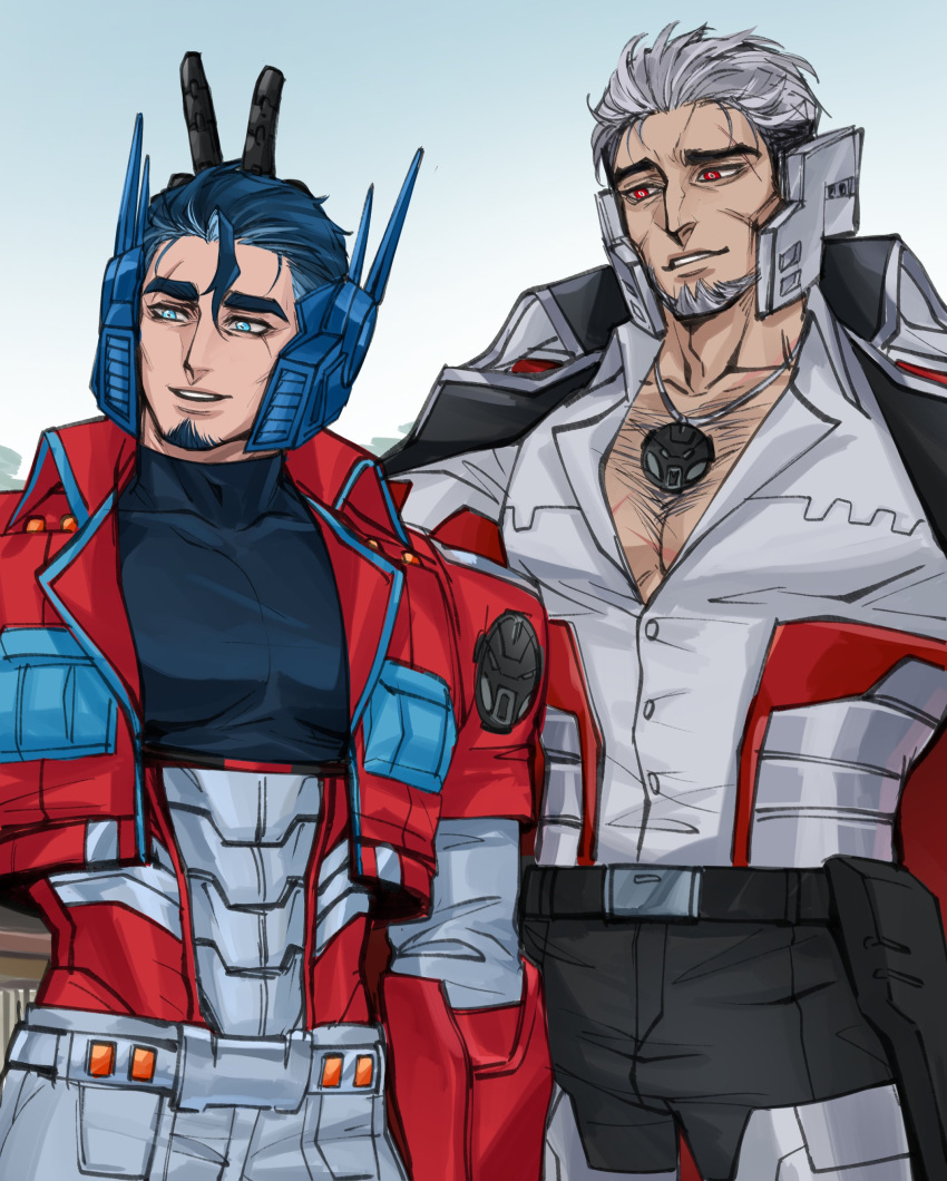 2boys absurdres autobot blue_eyes blue_hair bunny_ears_prank cowboy_shot decepticon derivative_work facial_hair hairy highres humanization insignia large_pectorals looking_at_another male_focus mecha megatron multiple_boys optimus_prime pectorals red_eyes robot science_fiction screencap_redraw sin0ky size_difference teeth transformers transformers:_earth_spark white_hair