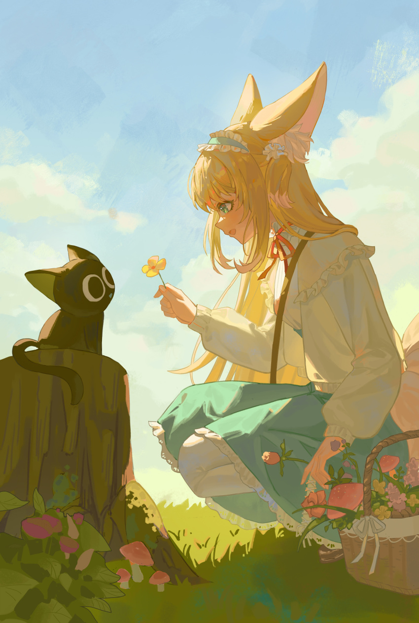 1girl :d absurdres animal arknights bangs basket black_cat black_footwear blonde_hair blue_hairband blue_skirt blue_sky cat clouds cloudy_sky commentary_request crossover day flower frilled_hairband frills from_side grass green_eyes hairband high-waist_skirt highres holding holding_flower jacket kitsune long_hair long_sleeves luoxiaohei mushroom neck_ribbon open_clothes open_jacket outdoors pantyhose profile puffy_long_sleeves puffy_sleeves qingge648 red_flower red_ribbon ribbon shirt shoes skirt sky smile squatting suzuran_(arknights) suzuran_(spring_praise)_(arknights) the_legend_of_luo_xiaohei tree_stump very_long_hair white_jacket white_pantyhose white_shirt yellow_flower