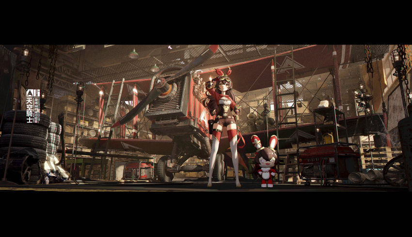 1girl absurdres aircraft airplane amber_(genshin_impact) arm_up artist_name bangs baron_bunny_(genshin_impact) bilingual biplane boots breasts brown_corset brown_eyes brown_hair brown_shorts chain chinese_commentary chinese_text closed_mouth commentary_request corset crate cropped_jacket english_text full_body generator genshin_impact gloves goggles goggles_on_head hair_between_eyes hair_ribbon hand_on_hip highres indoors jacket ladder letterboxed long_hair long_sleeves looking_ahead qi==qi red_jacket red_ribbon red_thighhighs ribbon scenery shelf short_shorts shorts sidelocks solo standing thigh-highs thigh_boots thigh_pouch thighhighs_under_boots tire wheel white_footwear
