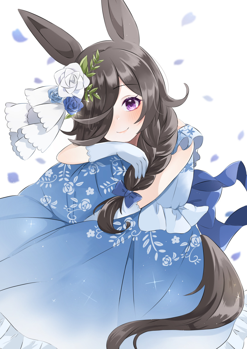 1girl absurdres animal_ears bangs black_hair blue_bow blue_dress blue_gloves blurry blurry_background blush bow braid braided_ponytail coco_(coco_rr) dress falling_petals feet_out_of_frame flower frilled_dress frills gloves hair_bow hair_flower hair_ornament hair_over_one_eye hand_on_own_chin highres horse_ears horse_girl horse_tail light_beam looking_at_viewer petals rice_shower_(umamusume) shiny shiny_hair side_ponytail simple_background sitting sleeveless sleeveless_dress smile solo swept_bangs tail umamusume violet_eyes wedding white_background