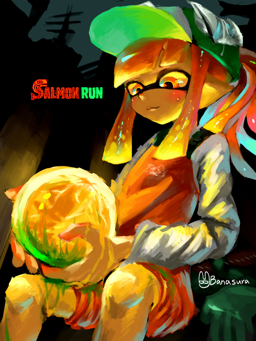 1girl absurdres artist_name banasura bangs baseball_cap blunt_bangs blush commentary_request english_text flat_chest gloves gloves_removed glowing golden_egg green_gloves green_headwear hat highres holding hungry inkling inkling_girl licking_lips logo long_hair long_sleeves looking_down night orange_eyes orange_hair orange_overalls outdoors overalls pointy_ears ponytail salmon_run_(splatoon) shiny shiny_hair shirt sidelocks signature sitting sketch slime_(substance) solo splatoon_(series) splatoon_2 sweat tentacle_hair tentacles tongue tongue_out underlighting white_shirt