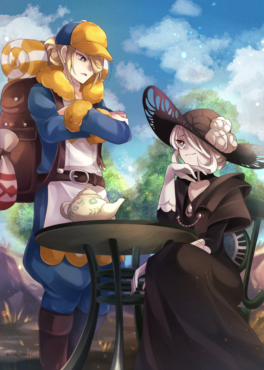 1boy 1girl :3 baseball_cap black_dress black_headwear blonde_hair blue_jumpsuit brown_bag closed_mouth clouds cogita_(pokemon) collarbone crossed_arms dress flower ginkgo_guild_uniform gloves grey_eyes hair_bun hair_over_one_eye hand_on_own_chin hat hat_flower highres jumpsuit long_dress looking_at_another mature_female open_mouth outdoors pokemon pokemon_(game) pokemon_legends:_arceus sidelocks signature sitting sky smile standing sun_hat table teapot tree twitter_username volo_(pokemon) white_gloves white_hair yellow_headwear yomogi_(black-elf)