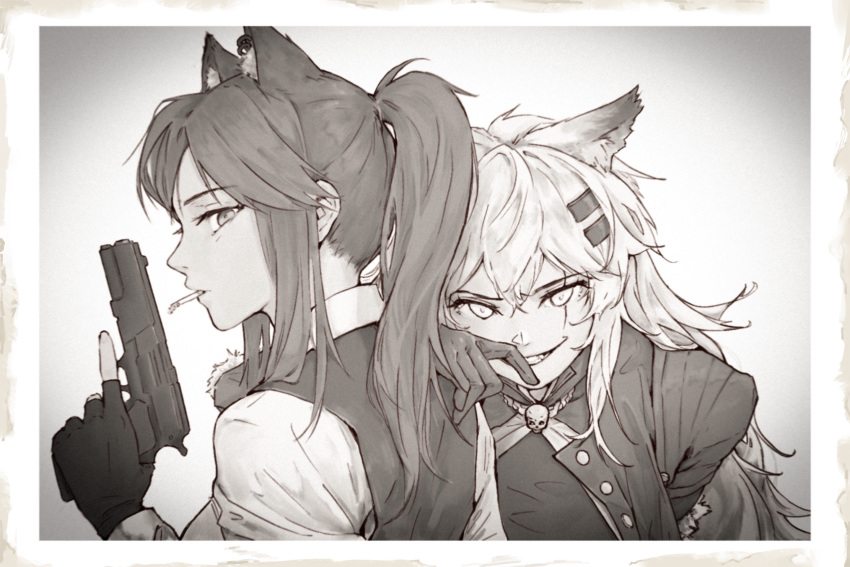 2girls :d animal_ear_fluff animal_ears arknights cigarette douzibaifenbai extra_ears fingerless_gloves gloves grey_theme greyscale grin gun highres holding holding_gun holding_weapon jewelry lappland_(arknights) lappland_(refined_horrormare)_(arknights) long_hair long_sleeves looking_at_viewer monochrome mouth_hold multiple_girls necklace official_alternate_costume parted_lips ponytail scar scar_across_eye scar_on_face sidelocks skull smile texas_(arknights) texas_the_omertosa_(arknights) trigger_discipline v-shaped_eyebrows vest weapon wolf_ears