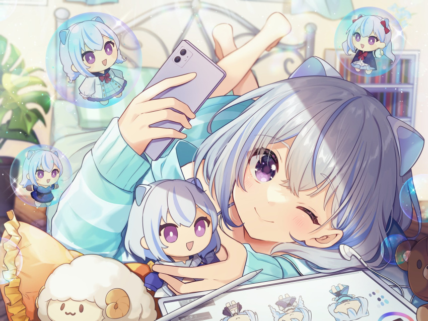 1girl barefoot blue_hair blush bubble cellphone character_doll earphones grey_hair highres holding holding_phone iriam long_sleeves looking_at_viewer lying miria_(iriam) multicolored_hair on_bed on_stomach one_eye_closed phone selfie shirase_(shirose) short_hair smartphone smile solo streaked_hair stuffed_animal stuffed_sheep stuffed_toy stylus tablet_pc teddy_bear violet_eyes virtual_youtuber