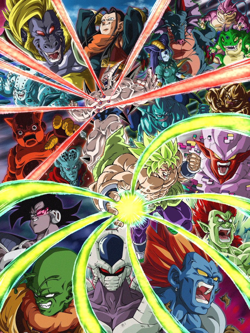 1girl 6+boys abs absurdres android_13 android_13_(fused) antennae baby_(dragon_ball) baby_vegeta black_eyes black_hair blank_eyes blue_eyes blue_skin bojack broly_(dragon_ball_super) clenched_hands colored_sclera colored_skin cooler_(dragon_ball) crossed_arms dragon_ball dragon_ball_gt dragon_ball_super dragon_ball_super_broly dragon_ball_z dragon_ball_z_dokkan_battle earrings eis_shenron evil_grin evil_smile fangs fifth_form_(dragon_ball) frown general_rilldo green_skin grin haze_shenron highres janemba jewelry ledgic luud multiple_boys muscular muscular_male naturon_shenron nuova_shenron oceanus_shenron omega_shenron oozaru rage_shenron redhead robot scouter sharp_teeth slug_(dragon_ball) smile spikes super_android_17 syn_shenron tail teeth topless_male tullece wai_(y48754085) wings yellow_sclera