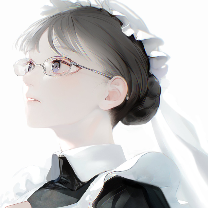 1girl bangs black_hair blue_eyes check_copyright copyright_request eyelashes glasses hair_bun highres lips looking_to_the_side maid maid_headdress nanase_miri original parted_lips portrait solo tearing_up