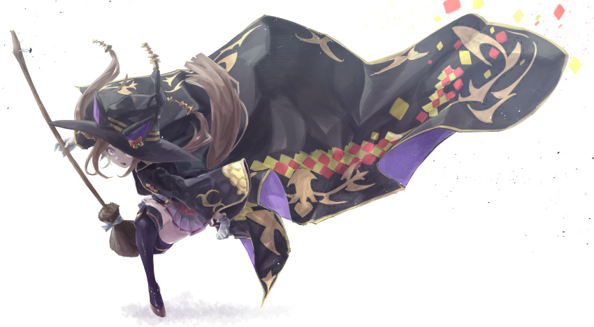 1girl absurdres animal_ears black_headwear black_robe black_thighhighs broom brown_hair commentary confetti full_body gloves gold_trim hasukurira hat highres holding holding_broom horse_girl horse_tail long_hair looking_at_viewer miniskirt purple_robe robe shadow sidelocks skirt solo sweep_tosho_(umamusume) tail thigh-highs trimmed_tail twintails two-sided_fabric umamusume violet_eyes white_background white_gloves white_skirt witch_hat zettai_ryouiki