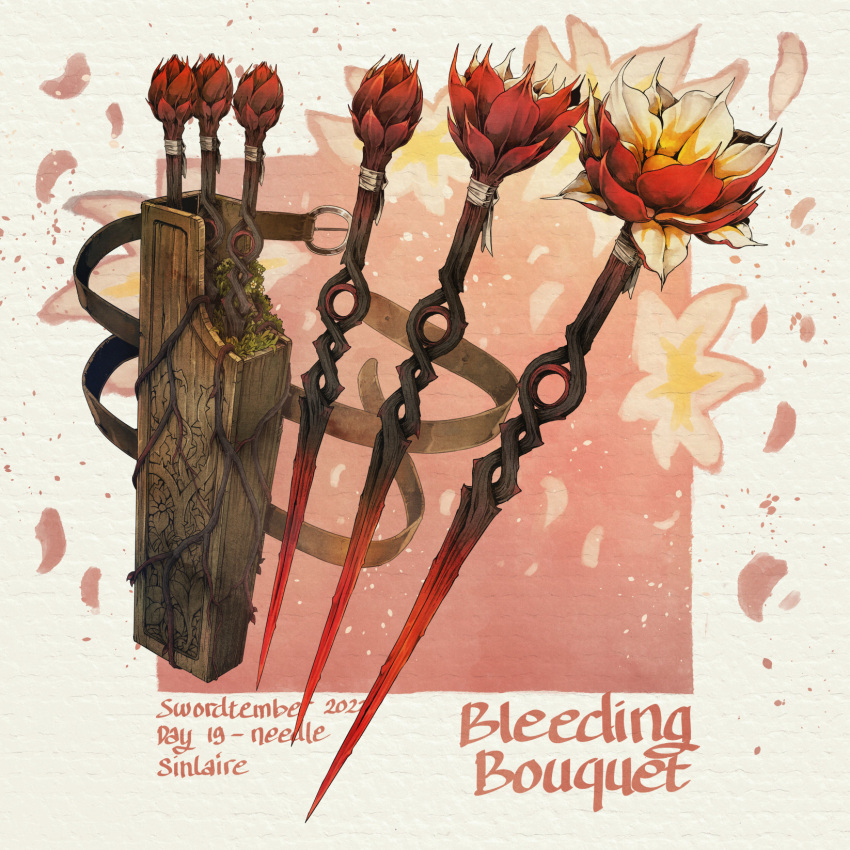 artist_name commentary dated english_commentary english_text fantasy flower highres no_humans original red_flower roots simple_background sinlaire strap sword weapon weapon_focus white_background white_flower