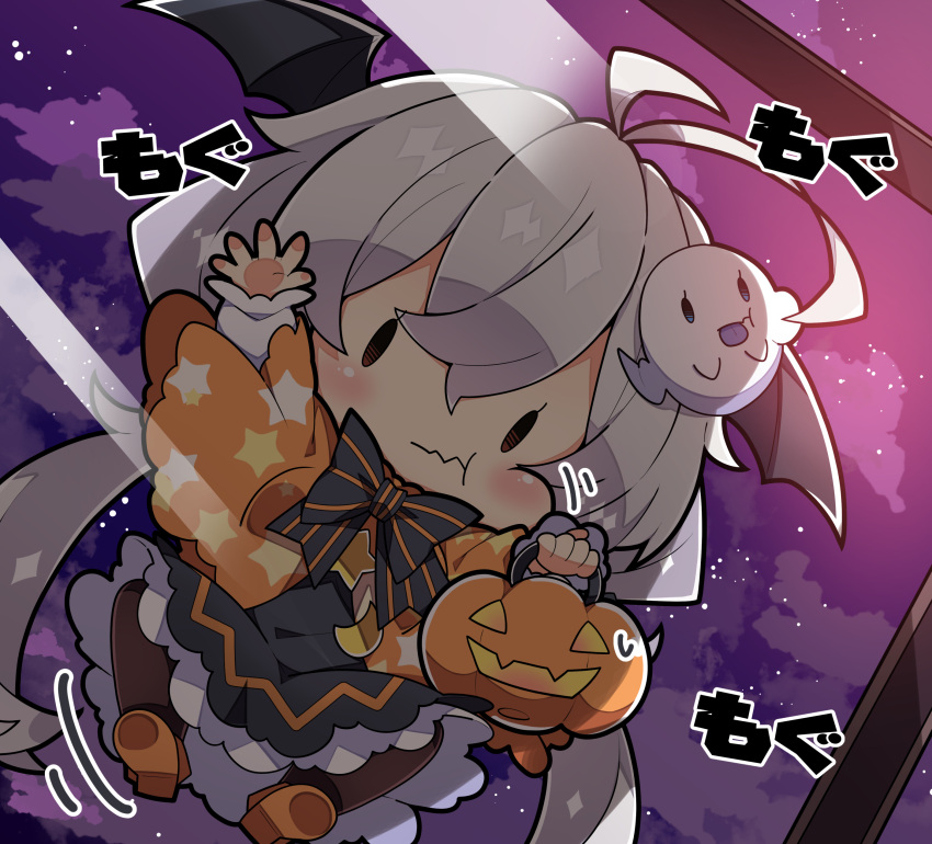 1girl :t absurdres antenna_hair bangs bat_wings black_bow black_dress black_wings blush bow brown_eyes brown_pantyhose capelet chibi closed_mouth clouds commentary_request dress ghost_hair_ornament grey_hair hair_between_eyes halloween head_wings highres holding jack-o'-lantern kizuna_akari long_hair looking_at_viewer low_twintails milkpanda night night_sky orange_capelet orange_footwear pantyhose print_capelet puffy_cheeks shoe_soles shoes sky solid_oval_eyes solo star_(symbol) star_print striped striped_bow twintails very_long_hair voiceroid wavy_mouth wings