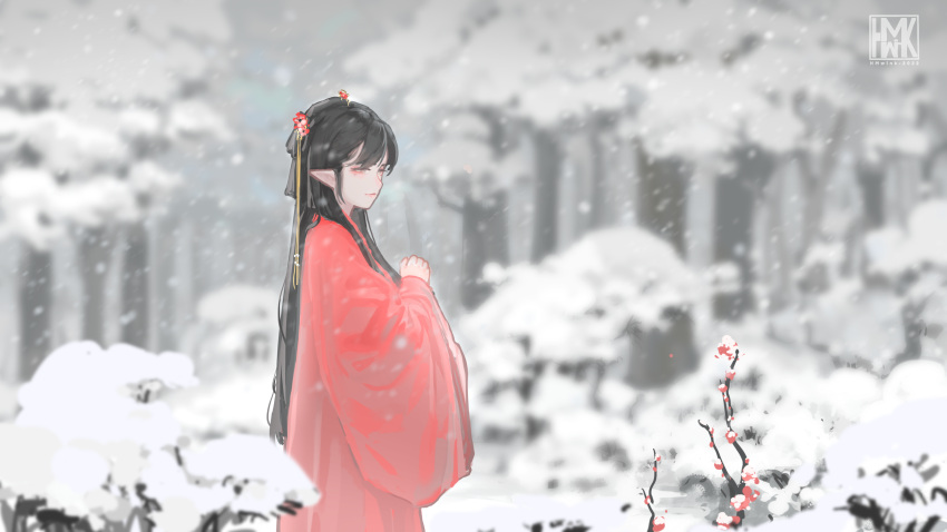 1girl absurdres artist_logo bangs black_hair chinese_clothes closed_mouth forest grey_eyes hand_up hanfu highres hua_ming_wink long_hair nature original pointy_ears snow snowing solo standing tree wide_sleeves