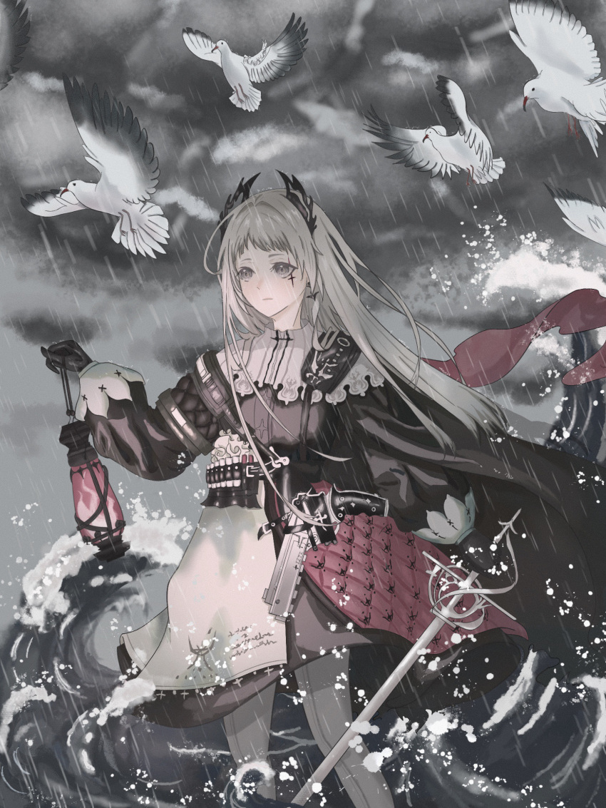 1girl animal arknights bird black_cape black_gloves black_jacket cape capelet closed_mouth clouds cloudy_sky commentary_request feet_out_of_frame gloves grey_eyes grey_hair highres holding holding_lantern holding_sword holding_weapon irene_(arknights) jacket kaka869824 lantern long_hair long_sleeves looking_away outdoors pantyhose puffy_long_sleeves puffy_sleeves rain skirt sky solo standing sword very_long_hair water waves weapon white_capelet white_pantyhose white_skirt