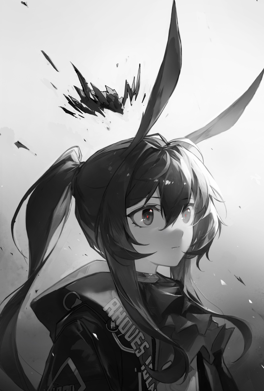 1girl absurdres amiya_(arknights) animal_ears arknights ascot closed_mouth clothes_writing coat crown gradient gradient_background grey_background grey_theme highres hood hood_down hooded_coat long_hair open_clothes open_coat ponytail qingfeng_canying rabbit_ears sidelocks solo spot_color upper_body white_background