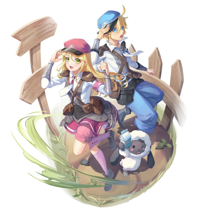 1boy 1girl :d alice_(rune_factory) ares_(fire_emblem) black_footwear blonde_hair blue_eyes blue_headwear blue_pants cuffs fence full_body green_eyes hand_on_headwear handcuffs highres kingear05222822 long_hair milk_carton mokomoko_(rune_factory) pants pink_headwear pink_shorts pink_skirt pink_socks rune_factory rune_factory_5 shorts shorts_under_skirt sign skirt smile socks wooden_fence