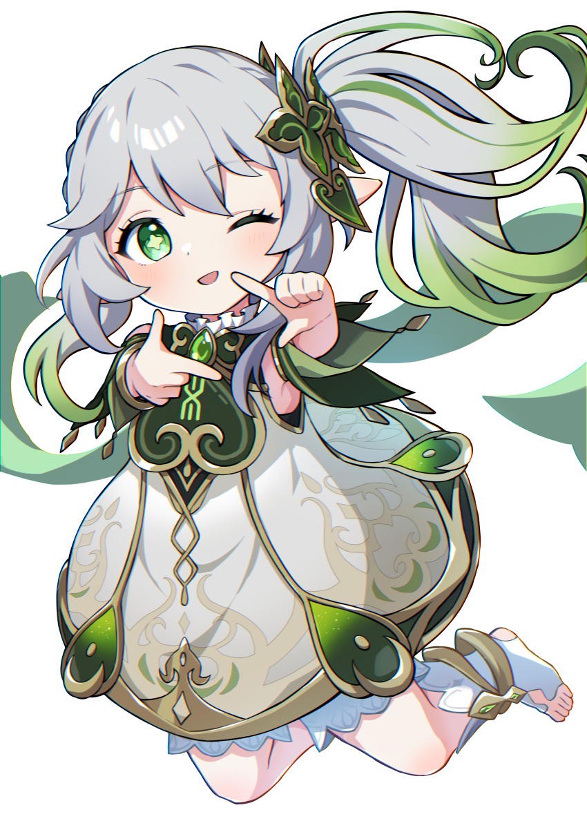 1girl ;d absurdres clover-shaped_pupils finger_frame full_body genshin_impact gradient_hair green_eyes green_hair hair_ornament highres long_hair looking_at_viewer miz_(mizillustration) multicolored_hair nahida_(genshin_impact) one_eye_closed open_mouth side_ponytail simple_background smile solo toeless_legwear white_background white_hair