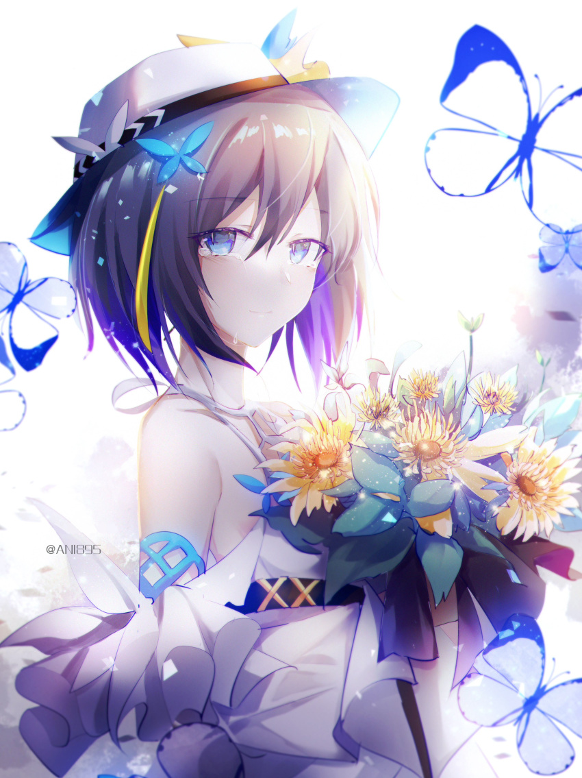 1girl absurdres ani895_(895895895) artist_name bangs bare_shoulders blue_butterfly blue_eyes blue_hair bob_cut bouquet bug butterfly closed_mouth crying crying_with_eyes_open dress flower highres holding holding_bouquet honkai_(series) honkai_impact_3rd long_sleeves looking_at_viewer off-shoulder_dress off_shoulder seele_vollerei seele_vollerei_(swallowtail_phantasm) short_hair smile sunflower tears white_background white_dress white_headwear