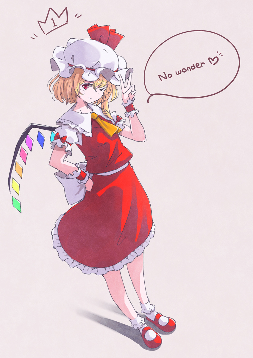 1girl ascot back_bow blonde_hair bow crown flandre_scarlet full_body grey_background hand_on_hip hand_up hat hat_ribbon heart highres mary_janes mob_cap one_eye_closed puffy_short_sleeves puffy_sleeves red_eyes red_footwear red_skirt red_vest ribbon satyuas shirt shoes short_hair short_sleeves simple_background skirt skirt_set solo spoken_heart standing touhou v vest white_bow white_headwear white_shirt wings wrist_cuffs yellow_ascot