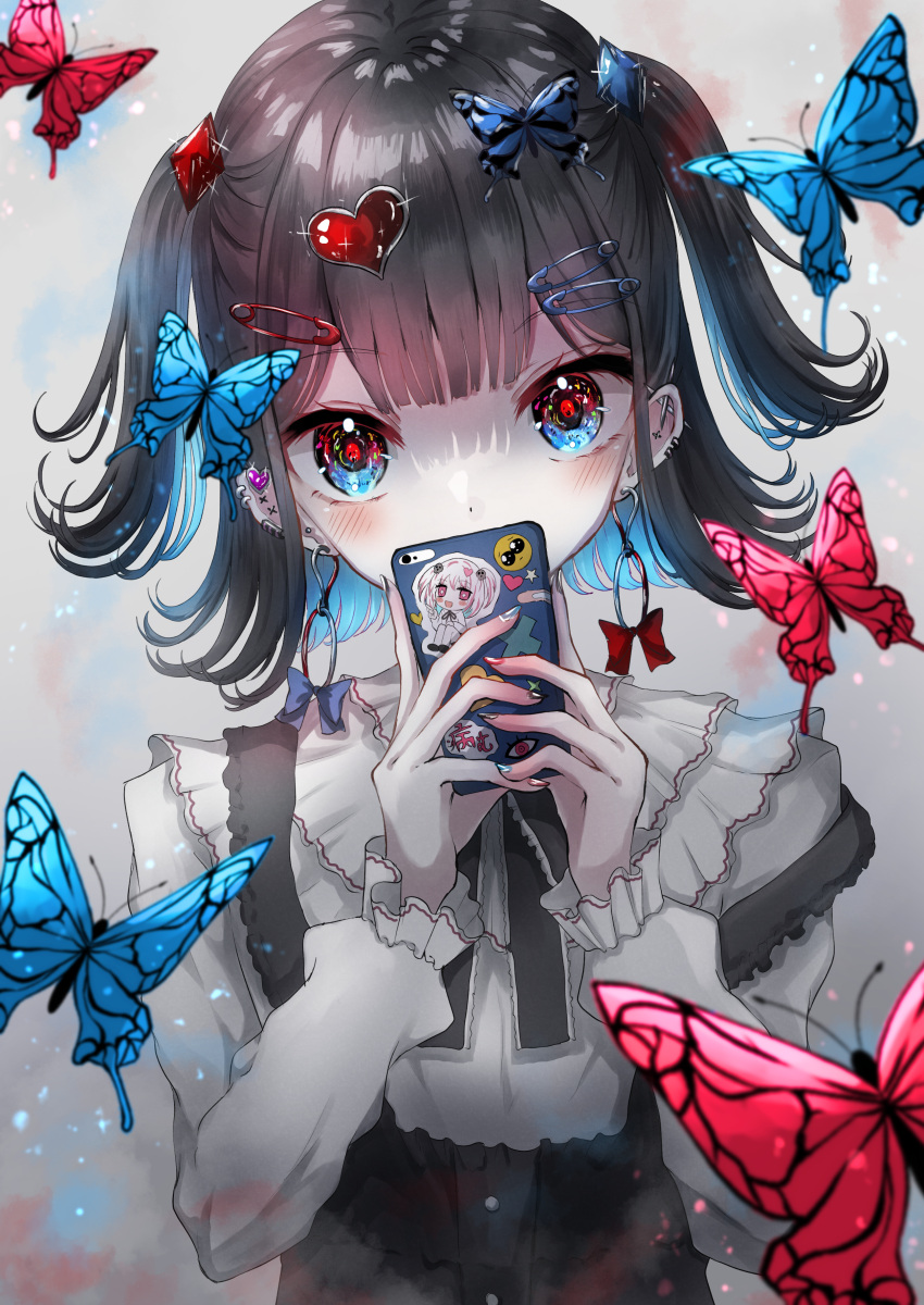 1girl absurdres animal black_dress black_hair blue_eyes blue_hair bug butterfly cellphone covered_mouth dress emoji grey_background hair_ornament hairclip hands_up heart heart_hair_ornament highres holding holding_phone kayon_(touzoku) long_sleeves looking_at_viewer multicolored_hair original phone pleading_face_emoji puffy_long_sleeves puffy_sleeves red_eyes safety_pin shirt solo strap_slip two-tone_hair two_side_up upper_body white_shirt