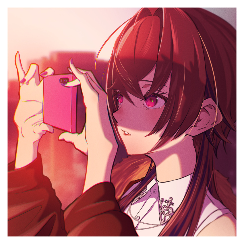 1girl bangs black_hair black_jacket border cellphone commentary_request fingernails hair_intakes highres holding holding_phone ichinose_uruha jacket jacket_partially_removed lips long_hair long_sleeves looking_away lupinus_virtual_games nail_polish parted_lips phone pink_nails portrait shirt sleeveless sleeveless_shirt smartphone solo sunlight t4tam1 teeth violet_eyes virtual_youtuber vspo! white_border white_shirt