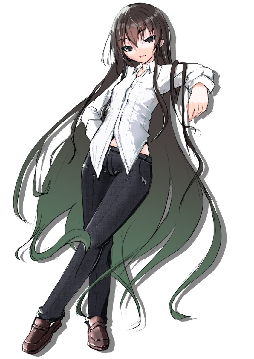 1girl bangs black_eyes black_hair dress_shirt full_body hair_between_eyes highres long_hair original shirt side_slit simple_background solo thighs une_back very_long_hair