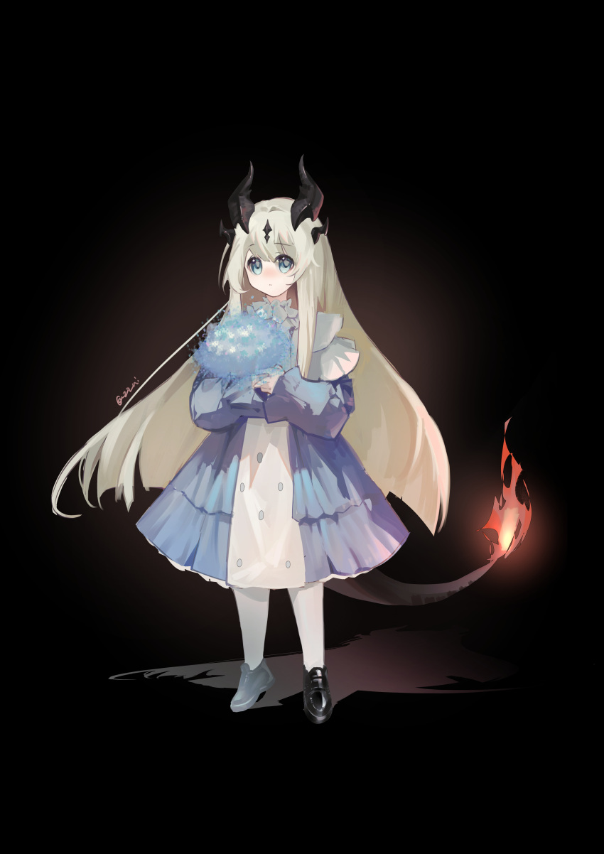 1girl absurdres arknights bangs black_background black_footwear blue_dress blue_eyes blue_flower bouquet closed_mouth commentary_request dragon_girl dragon_horns dragon_tail dress drop_shadow flame-tipped_tail flower full_body grey_hair highres horns loafers long_hair long_sleeves looking_away pantyhose puffy_long_sleeves puffy_sleeves reed_(arknights) shoes sleeves_past_wrists solo standing tail twitter_username very_long_hair white_pantyhose z4_zzai