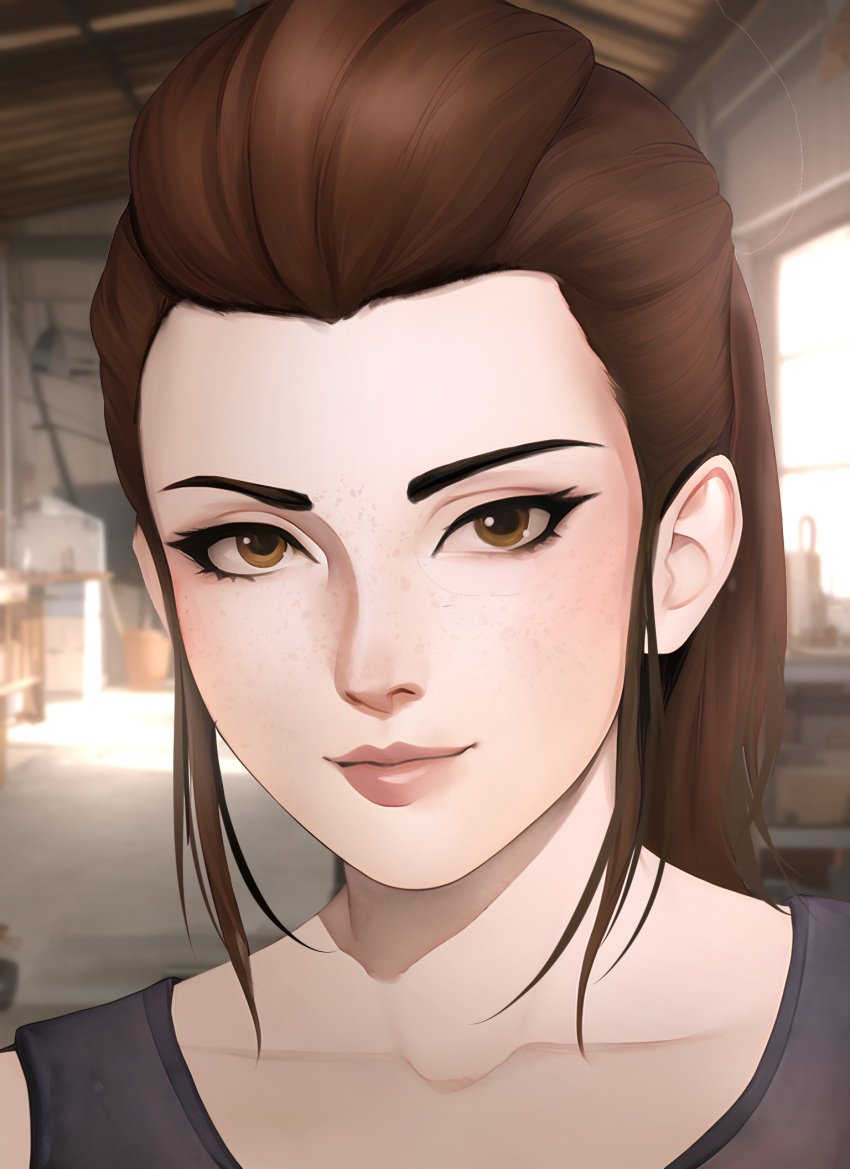 1girl brigitte_(overwatch) brown_eyes brown_hair closed_mouth eyelashes eyeliner freckles grey_shirt hair_pulled_back highres indoors light_smile lips long_hair looking_at_viewer makeup nose overwatch ponytail portrait shirt solo sthanheykel tank_top window