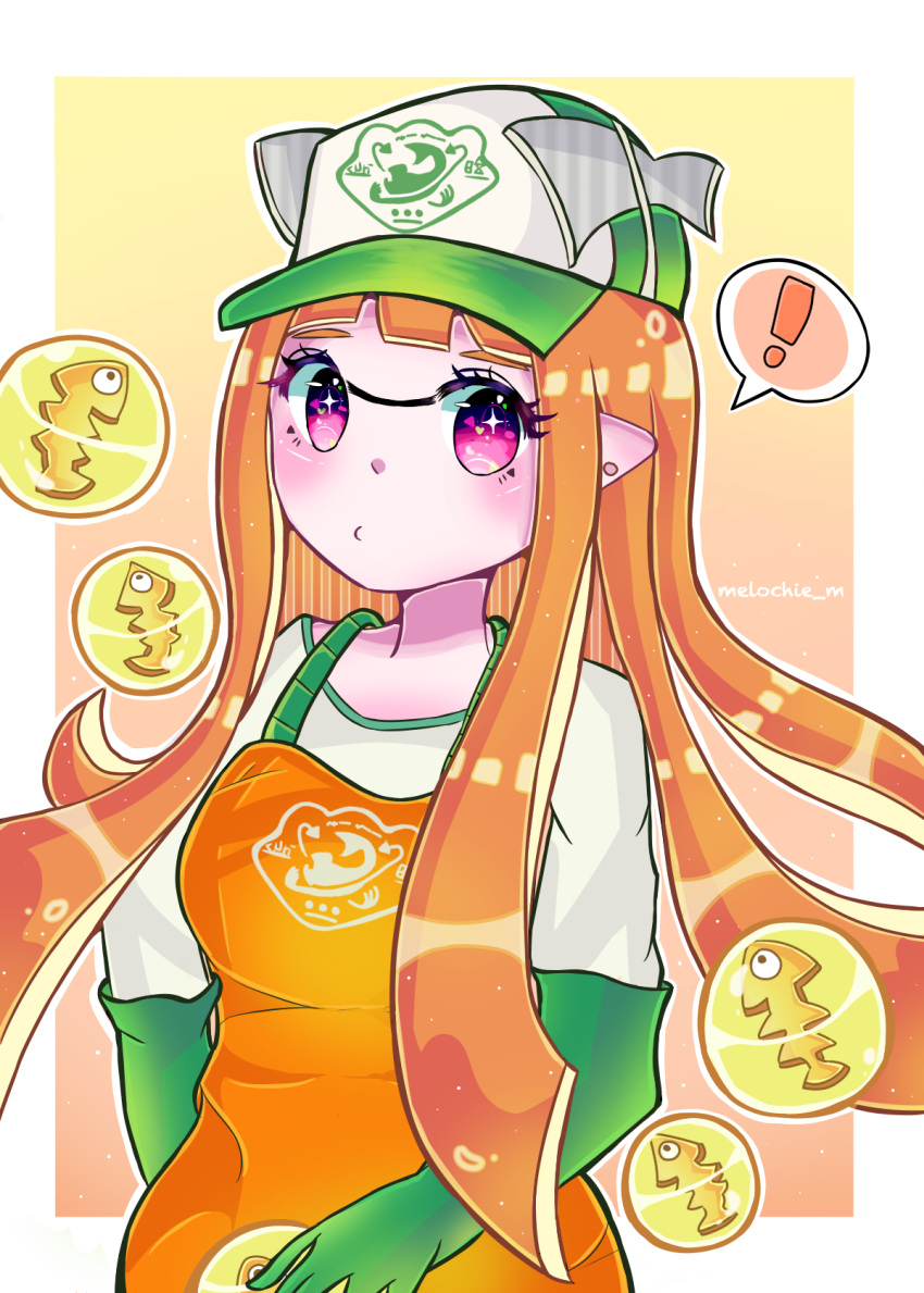 ! 1girl artist_name bad_source bangs baseball_cap blunt_bangs blush border breasts closed_mouth earrings gloves golden_egg gradient gradient_background green_gloves green_headwear hat heart heart_in_eye highres inkling inkling_girl jewelry long_hair long_sleeves looking_at_viewer medium_breasts melochie_m orange_background orange_hair orange_overalls outline outside_border overalls pink_eyes pointy_ears shiny shiny_hair shirt sidelocks signature simple_background solo speech_bubble splatoon_(series) splatoon_2 spoken_exclamation_mark standing stud_earrings symbol_in_eye tentacle_hair tentacles upper_body white_border white_outline white_shirt