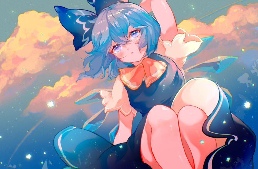 1girl arm_behind_head arm_up azusa0v0 bangs blue_bow blue_dress blue_eyes blue_hair bow cirno clouds commentary dress feet_out_of_frame hair_between_eyes hair_bow highres ice ice_wings knees_up looking_at_viewer neck_ribbon open_mouth outdoors red_ribbon ribbon shirt short_sleeves solo sunset touhou triangle_mouth white_shirt wide_sleeves wings