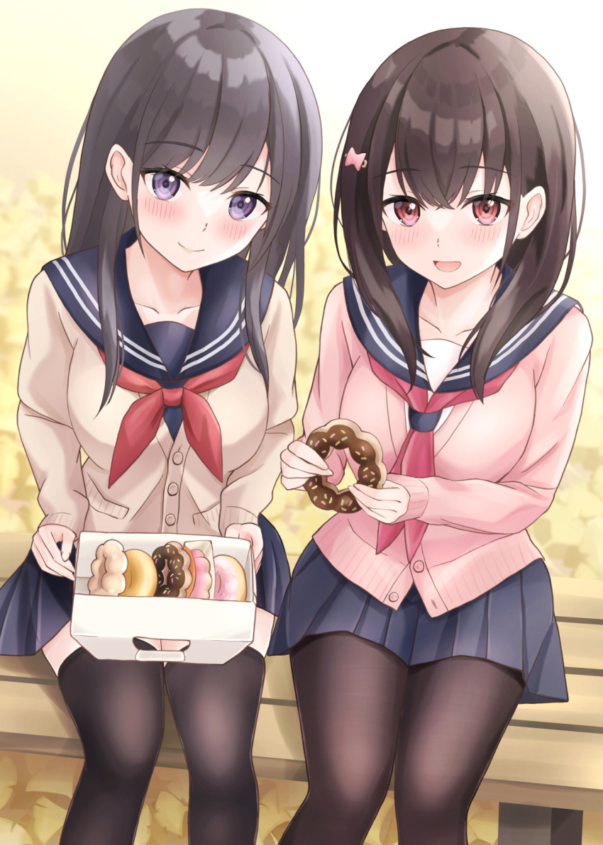 2girls :d bangs black_hair black_thighhighs blue_sailor_collar blue_shirt blue_skirt blush bow breasts brown_cardigan brown_hair brown_pantyhose cardigan closed_mouth collarbone commentary_request doughnut food ginkgo_leaf hair_between_eyes hair_bow hair_ornament hairclip highres holding holding_food leaf long_hair long_sleeves looking_at_viewer medium_breasts multiple_girls neckerchief on_bench original pantyhose pastry_box pink_bow pink_cardigan pleated_skirt red_eyes red_neckerchief sailor_collar school_uniform serafuku shirt sitting skirt sleeves_past_wrists smile thigh-highs violet_eyes white_shirt yukimaru217