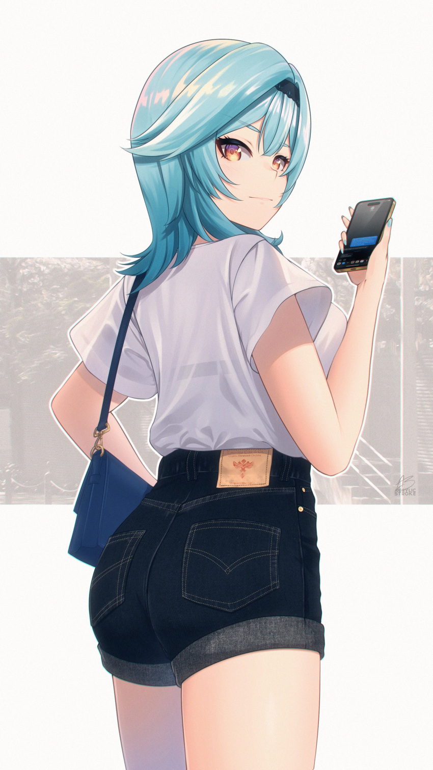 1girl absurdres acrylicstroke ass bag bangs black_hairband blue_hair blue_nails blush bra_visible_through_clothes breasts cellphone closed_mouth commentary contemporary denim denim_shorts english_commentary eula_(genshin_impact) from_behind genshin_impact hair_between_eyes hair_ornament hairband handbag highres holding holding_phone large_breasts looking_at_viewer looking_back medium_hair multicolored_eyes phone shirt short_sleeves shorts simple_background smartphone smile solo violet_eyes white_background white_shirt yellow_eyes