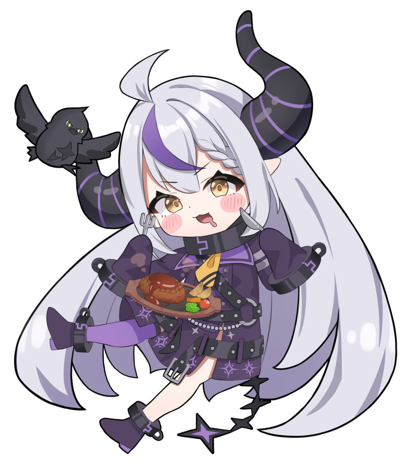 1girl :3 :d ahoge bangs belt bird blush_stickers braid braided_bangs chibi collar commentary crow_(la+_darknesss) drooling food fork highres holding holding_fork holding_knife hololive horns knife la+_darknesss metal_collar mouth_drool multicolored_hair open_mouth purple_hair simple_background sleeves_past_fingers sleeves_past_wrists smile solo steak streaked_hair striped striped_thighhighs tail taro._(tataroro_1) thigh-highs two-tone_hair v-shaped_eyebrows vertical-striped_thighhighs vertical_stripes very_long_sleeves virtual_youtuber white_background white_hair yellow_eyes
