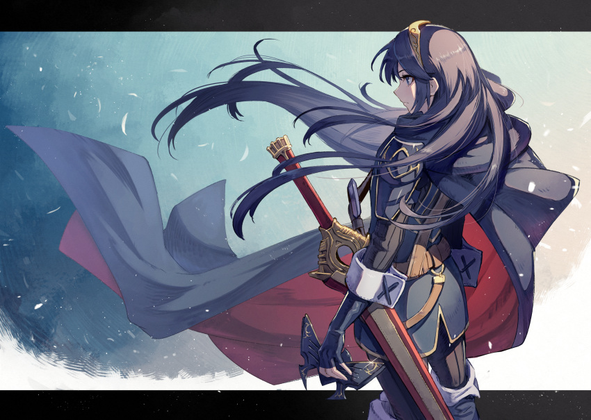 1girl armor blue_background blue_cape blue_eyes blue_footwear blue_gloves blue_hair cape cowboy_shot expressionless falchion_(fire_emblem) feathers fingerless_gloves fire_emblem fire_emblem_awakening gloves highres holding holding_mask kuroi_susumu leggings letterboxed long_hair long_sleeves looking_away lucina_(fire_emblem) mask sheath sheathed solo sword tiara weapon white_feathers