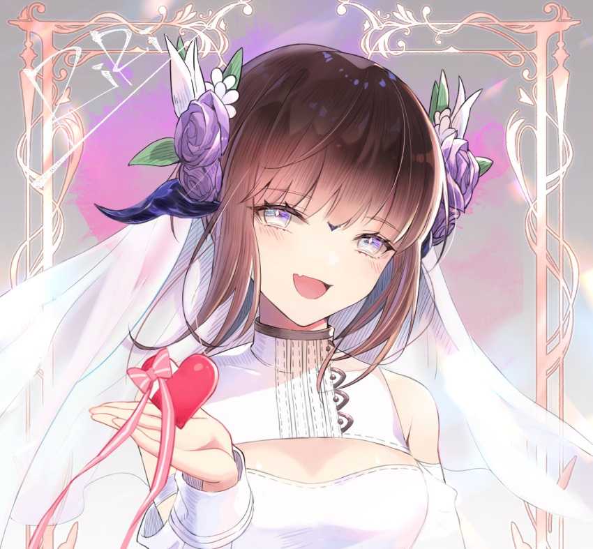 1girl au_ra bangs bow brown_hair dress fang final_fantasy final_fantasy_xiv flower gown hair_flower hair_ornament heart highres looking_at_viewer open_mouth original purple_flower purple_rose ribbon rose sidelocks skin_fang smile solo unicha upper_body violet_eyes white_dress