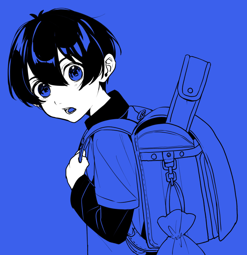 1boy absurdres aged_down backpack bag bangs blue_background blue_lock blue_theme child from_side hair_between_eyes highres holding_strap isagi_yoichi layered_sleeves long_sleeves looking_at_viewer male_child male_focus open_mouth pepupapipooo randoseru shirt short_hair short_over_long_sleeves short_sleeves simple_background solo upper_body
