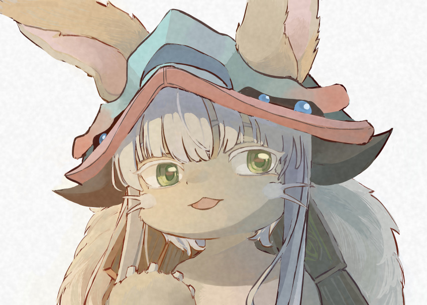 1other absurdres animal_ears brown_fur cindy717 ears_through_headwear green_eyes highres looking_at_viewer made_in_abyss nanachi_(made_in_abyss) open_mouth simple_background solo tagme whiskers white_background white_hair