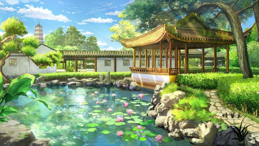architecture blue_sky building clouds day east_asian_architecture grass highres lily_pad nature no_humans original outdoors pond scenery sky still_life stone tree water xingzhi_lv