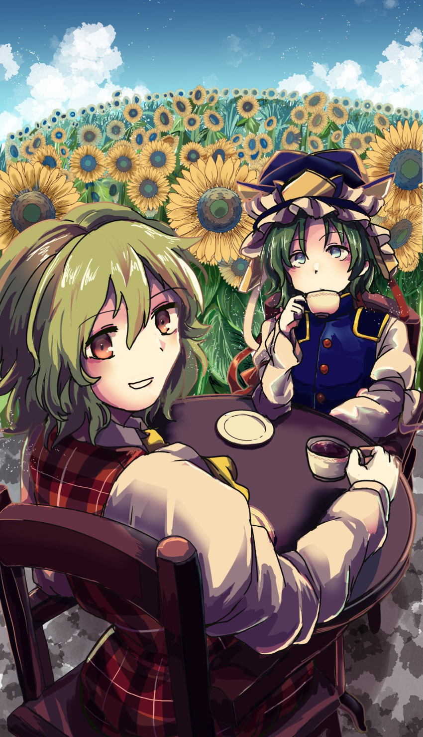 2girls apapo ascot blue_eyes blue_sky blue_vest brown_eyes chair clouds cloudy_sky commentary_request cup field flower flower_field frilled_hat frills green_hair hat highres holding holding_cup kazami_yuuka long_sleeves looking_at_viewer multiple_girls open_mouth outdoors plaid plaid_skirt plaid_vest red_skirt red_vest shiki_eiki shirt short_hair sitting skirt sky smile star_(sky) sunflower table teacup too_many touhou vest white_shirt yellow_ascot yellow_flower