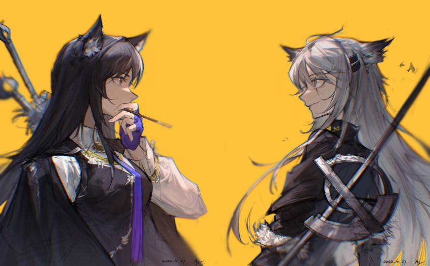 2girls ahoge animal_ears arknights black_hair black_vest blue_gloves blue_necktie brown_eyes collared_shirt dated ear_piercing eye_contact fingerless_gloves food gloves grey_eyes grey_hair hair_ornament hairclip highres lappland_(arknights) lappland_(refined_horrormare)_(arknights) long_sleeves looking_at_another multiple_girls necktie official_alternate_costume piercing pocky ruoshiyun66462 scar scar_across_eye shirt simple_background sketch sword sword_on_back texas_(arknights) texas_the_omertosa_(arknights) upper_body vest weapon weapon_on_back white_shirt wolf_ears wolf_girl yellow_background
